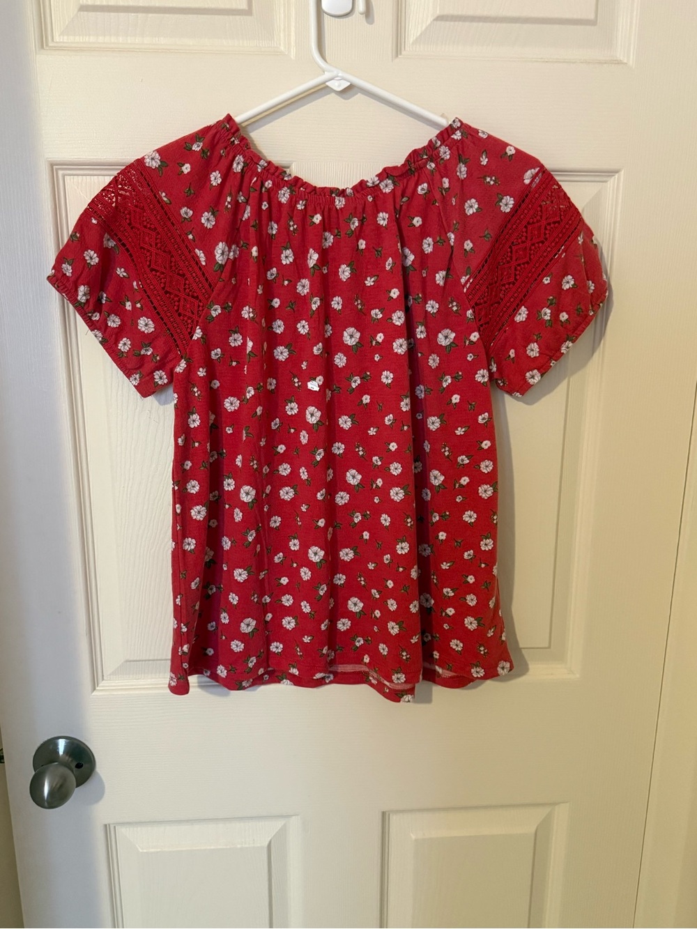 Red Floral Peasant Top with Lace Yoke - Picture 2 of 7